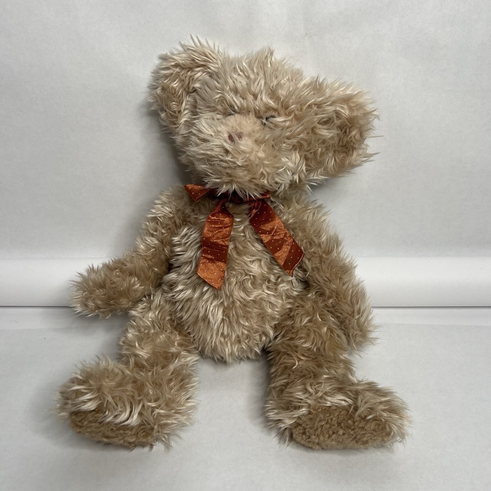 Russ Berrie Radcliffe Teddy Bear Beanbag Plush Toy Tan Shaggy Brown Dot Bow 16"